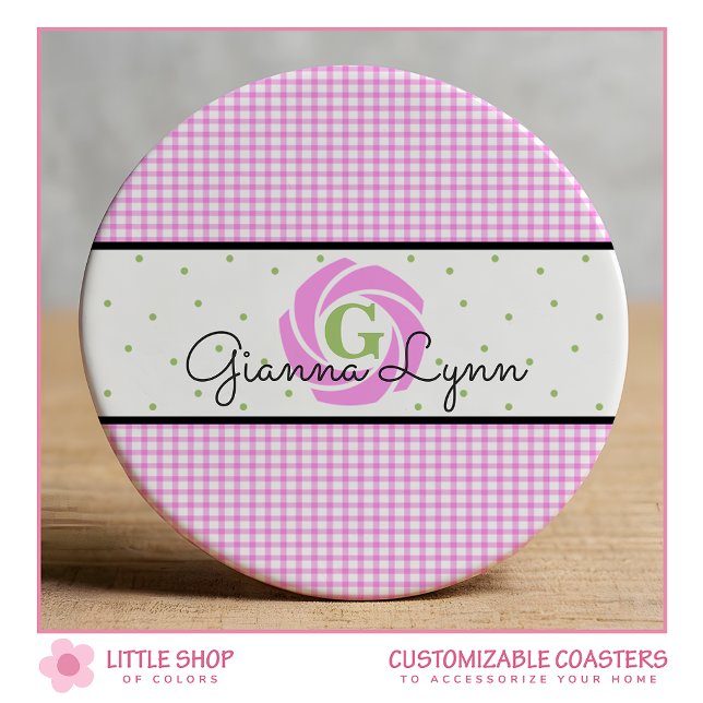 Rosa Gingham Monogram Underlägg Papper Rund (Skapare uppladdad)