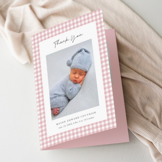 Rosa Gingham Mönster Flickor Baby Tack Kort (Pink Gingham Girls Baby Photo Folded Thank You Cards.)