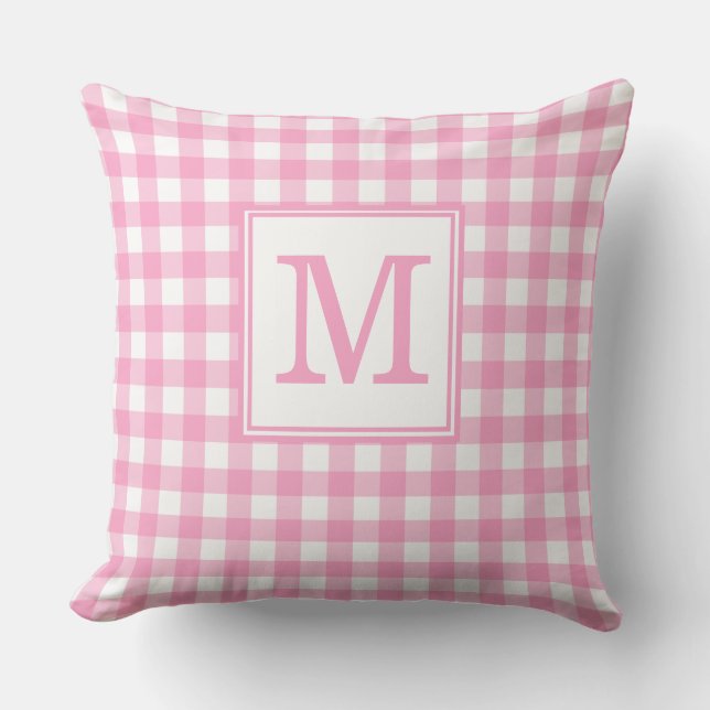 Rosa Gingham Mönster Monogram Initial Kastkudde Kudde (Framsida)