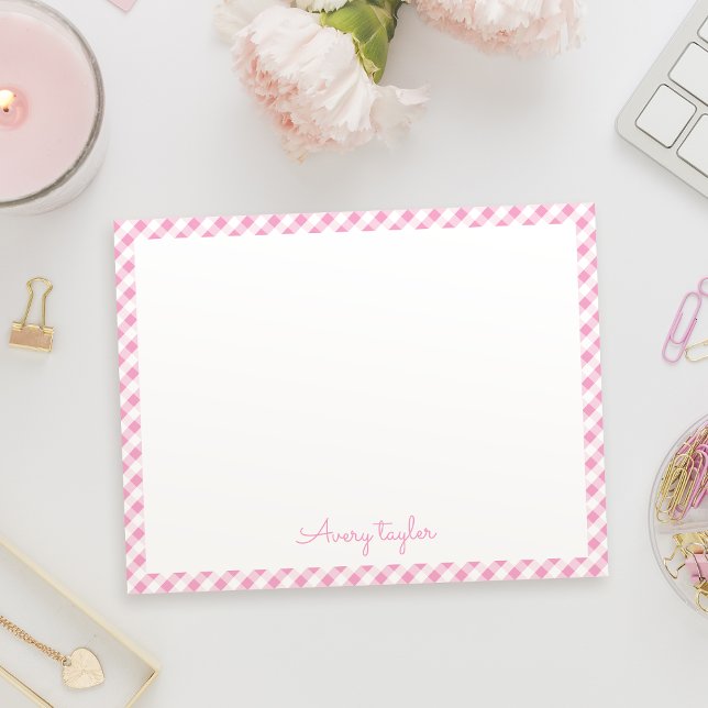 Rosa gingham-mönster personlig pappersvaror anteckningskort (Pink gingham pattern personalized Stationery Note Card)