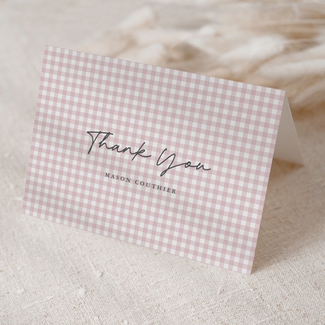 Rosa Gingham Mönster Script Vikad Foto Tack Kort (Pink Gingham Check Baby Girls Folded Photo Thank You Note Cards.)