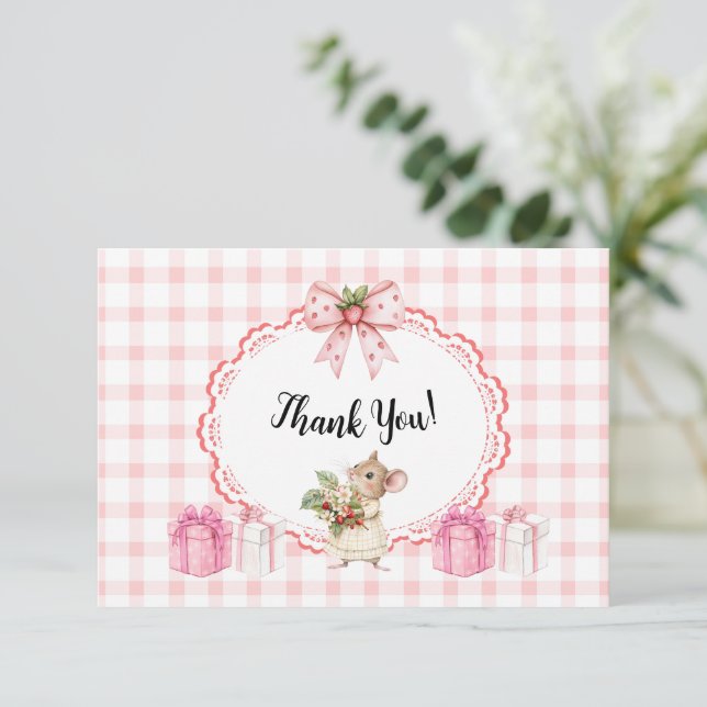 Rosa Gingham Mouse Baby Shower-Tack-ditt kort (Stående Fram)