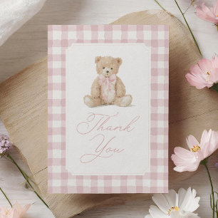 Rosa Gingham Nalle Babyshower Tack Kort