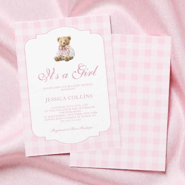 Rosa Gingham Nalle Det är en flicka Baby Shower Inbjudningar (Pink Gingham Teddy Bear It's a Girl Baby Shower Invitation)