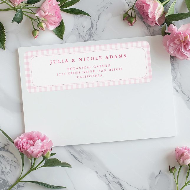 Rosa Gingham Nalle Neutral Barnkalas Returadress Etikett (Skapare uppladdad)