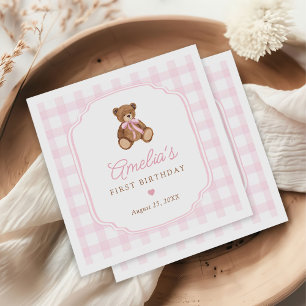Rosa Gingham Nallebjörn Första Födelsedagen Pappersservett