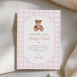 Rosa Gingham Nallebjörn Mycket Första Födelsedagen Tack Kort