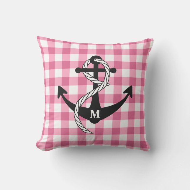 Rosa Gingham Nautical Anchor Monogram Kudde (Framsida)