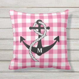 Rosa Gingham Nautical Anchor Monogram Kudde