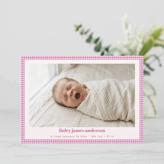 Rosa Gingham Nyfödd Foto Flicka Baby Födelse Stati Meddelande (Stående Fram)