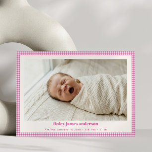 Rosa Gingham Nyfödd Foto Flicka Baby Födelse Stati Meddelande
