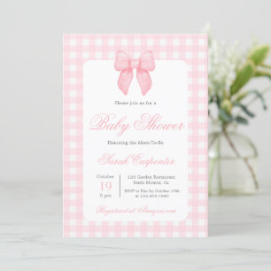 Rosa Gingham och Bow Baby Shower Girl Inbjudningar