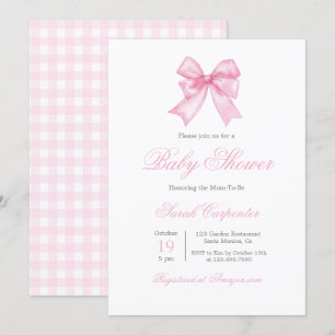 Rosa Gingham och Bow Baby Shower Girl Inbjudningar