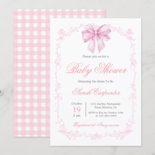 Rosa Gingham och Bow Baby Shower Girl Inbjudningar