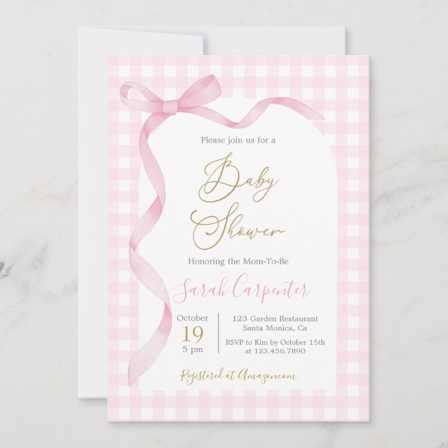 Rosa Gingham och Bow Baby Shower Girl Inbjudningar (Framsida)
