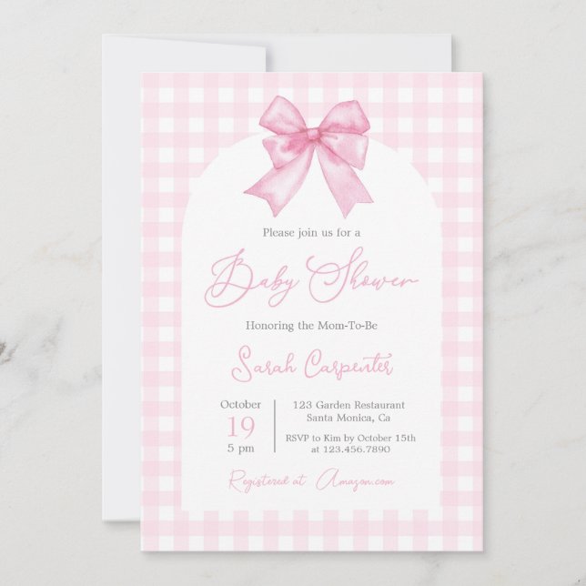 Rosa Gingham och Bow Baby Shower Girl Inbjudningar (Framsida)