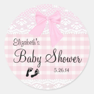 Rosa Gingham och Snöre Image Baby Shower- Runt Klistermärke