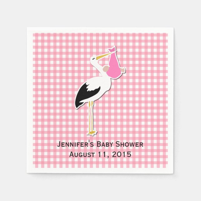 Rosa Gingham och Stork Baby Shower Papper Napkins Pappersservett (Framsidan)