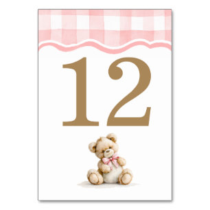 Rosa Gingham Och Teddybjörn Baby Shower Bordsnummer