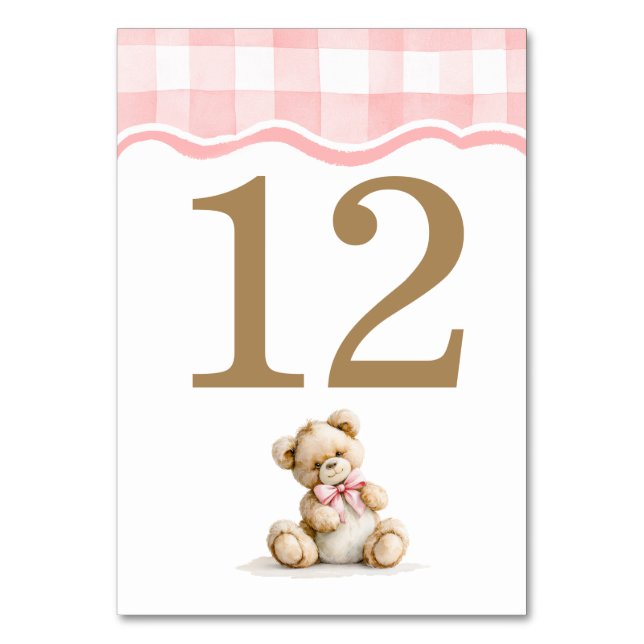 Rosa Gingham Och Teddybjörn Baby Shower Bordsnummer (Framsidan)
