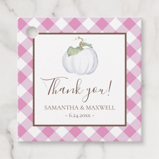 Rosa Gingham och Vit Pumpa Tack Gåvor Etiketter (Framsida)
