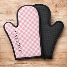 Rosa Gingham Oven Mitt med Namn Personlig