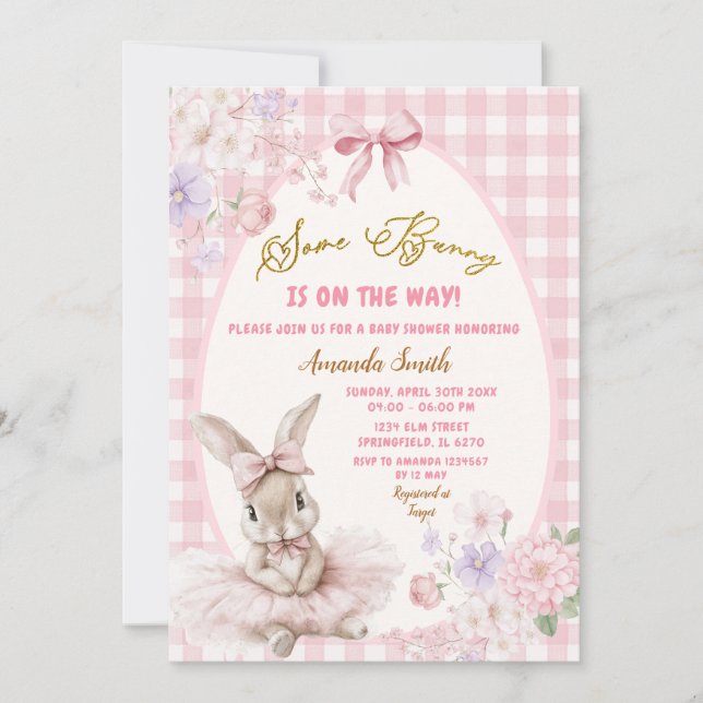 Rosa Gingham Påsk Nån Kanin Blommig Bebis Shower Inbjudningar (Framsida)