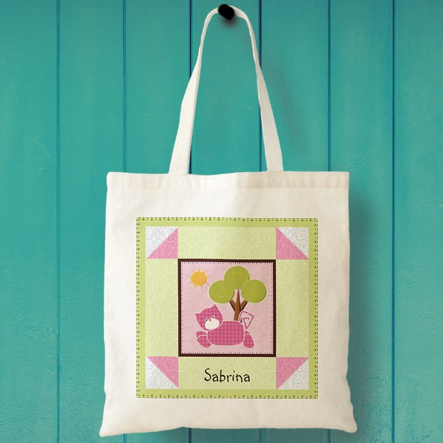 Rosa Gingham Patchwork Cat Tote Bag Tygkasse (Skapare uppladdad)