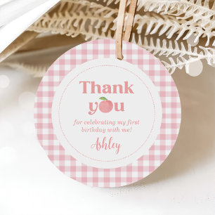Rosa Gingham Peach First Birthday Gåvor Etiketter