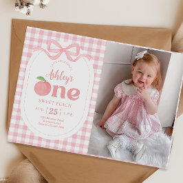 Rosa Gingham Peach First Birthday Photo Inbjudningar