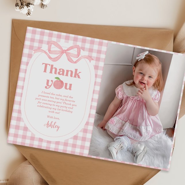 Rosa Gingham Peach First Birthday Photo Tack Kort (Skapare uppladdad)