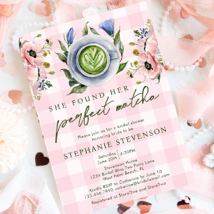 Rosa Gingham perfekt Matcha Bröllopsdusch tema Inbjudningar