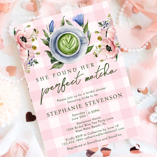 Rosa Gingham perfekt Matcha Bröllopsdusch tema Inbjudningar (Skapare uppladdad)