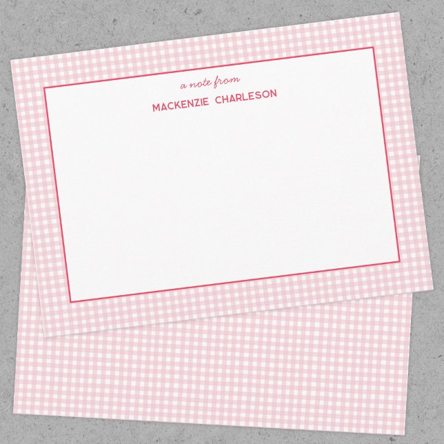 Rosa Gingham Personlig Anteckningskort (Pink gingham personalized custom name notecard)
