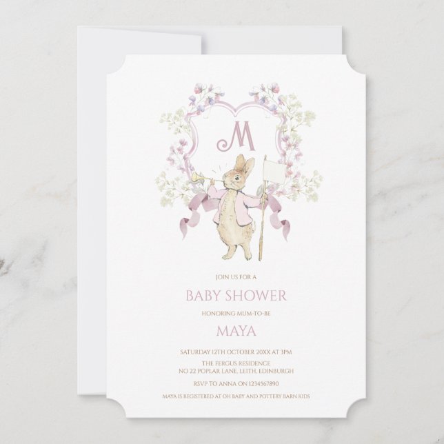 Rosa Gingham Peter, Rabbit Monogram Baby Shower Inbjudningar (Framsida)