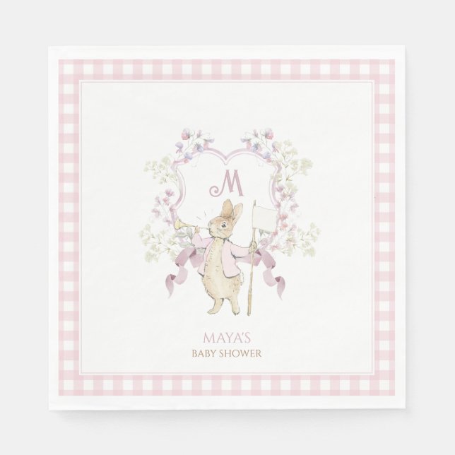 Rosa Gingham Peter, Rabbit Monogram Baby Shower Pappersservett (Framsidan)