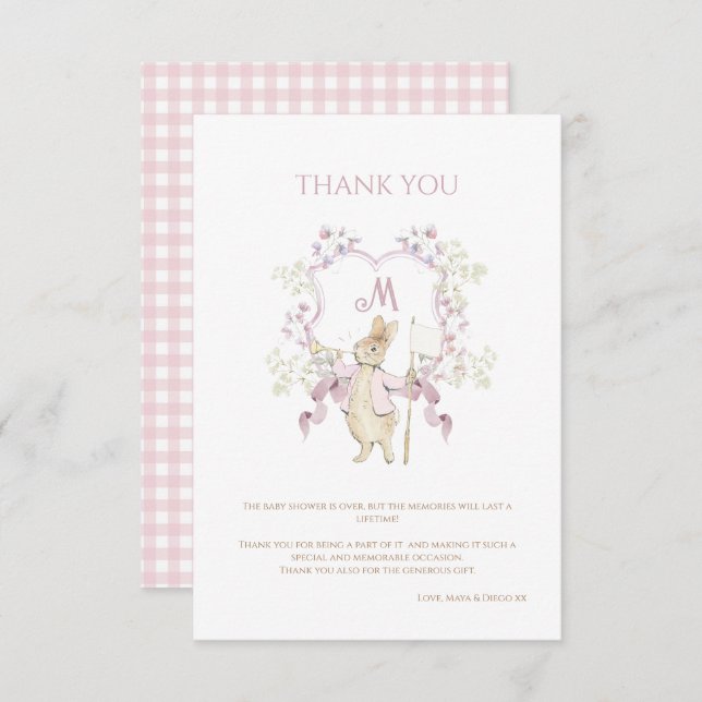 Rosa Gingham Peter, Rabbit Monogram Baby Shower Tack Kort (Fram/baksida)