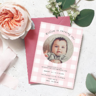 Rosa Gingham Photo Birthday Inbjudningar