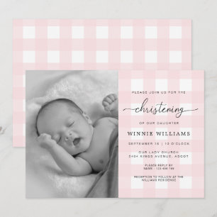 Rosa Gingham Photo Christening-inbjudan Inbjudningar