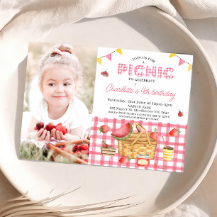 Rosa Gingham Picnic basket Photo Picnic Birthday Inbjudningar