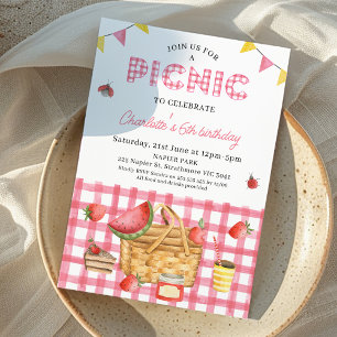 Rosa Gingham Picnic Basket Picnic Birthday Inbjudningar
