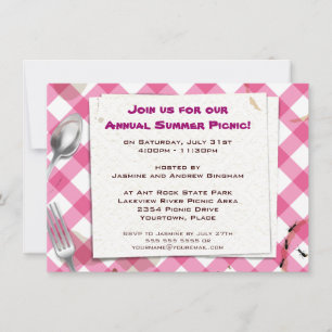 Rosa Gingham Picnic BBQ Party bjudan Inbjudningar