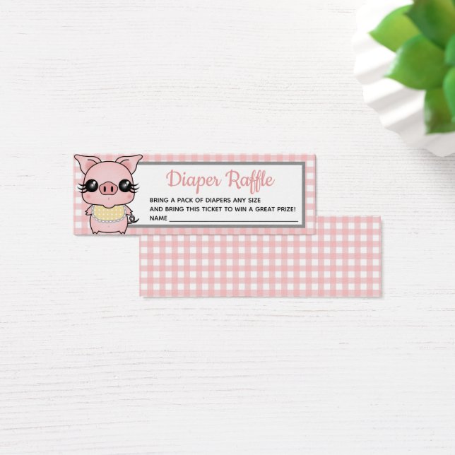 Rosa Gingham Piggy Baby Shower Diaper Raffle Litet Visitkort (Skivbord)