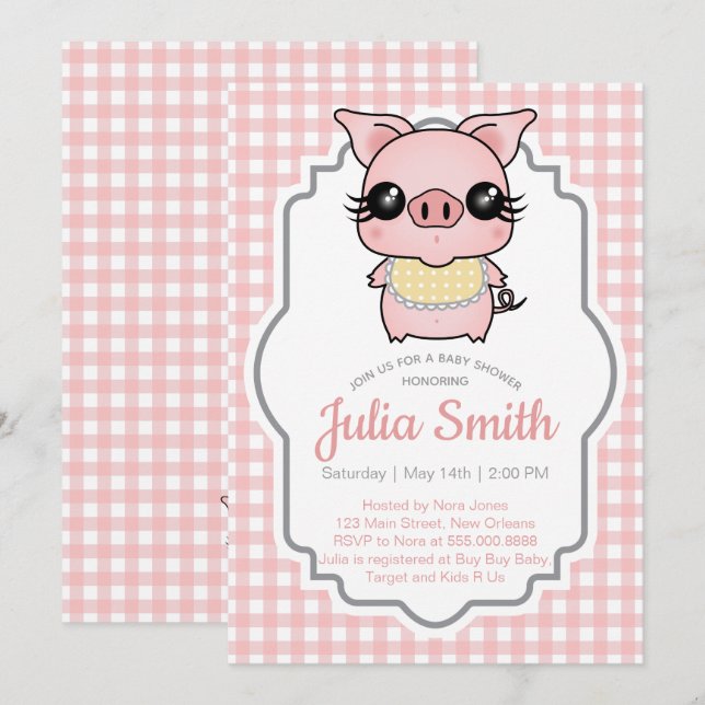 Rosa Gingham Piggy Baby Shower-inbjudan Inbjudningar (Fram/baksida)