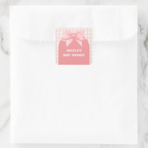 Rosa Gingham Play Arch Bow Baby Shower Fyrkantigt Klistermärke