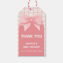 Rosa Gingham Play Arch Bow Baby Shower Tack Presentetikett
