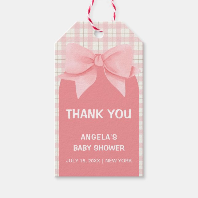 Rosa Gingham Play Arch Bow Baby Shower Tack Presentetikett (Framsidan)
