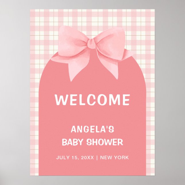 Rosa Gingham Play Arch Bow Baby Shower Välkommen Poster (Framsidan)