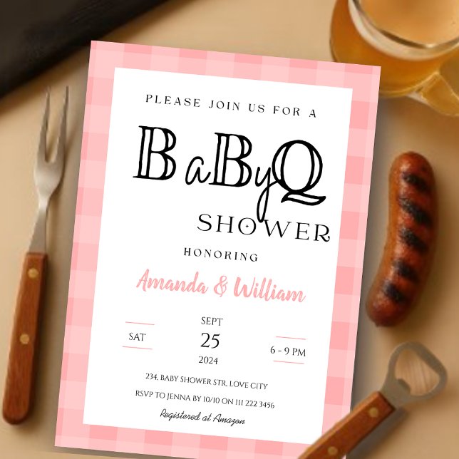 Rosa Gingham Play BBQ Baby Par Shower Inbjudningar (Pink Gingham Plaid BBQ Baby Couples Shower Invitation)
