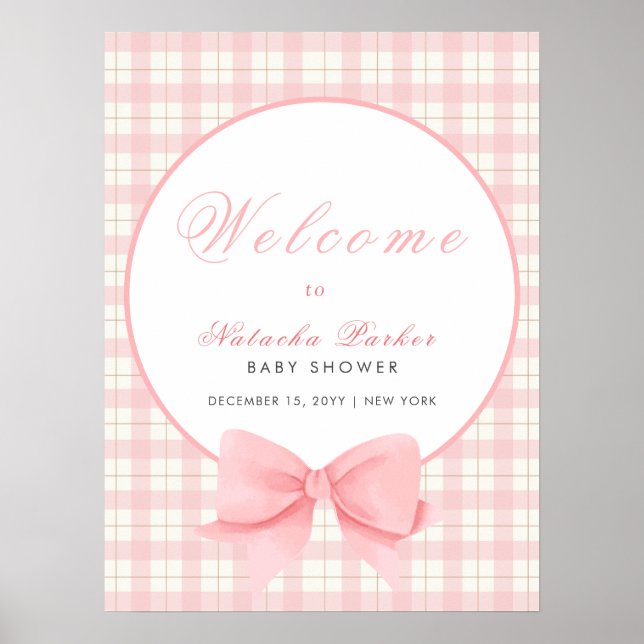 Rosa Gingham Play Bow Girl Baby Shower Välkommen Poster (Framsidan)